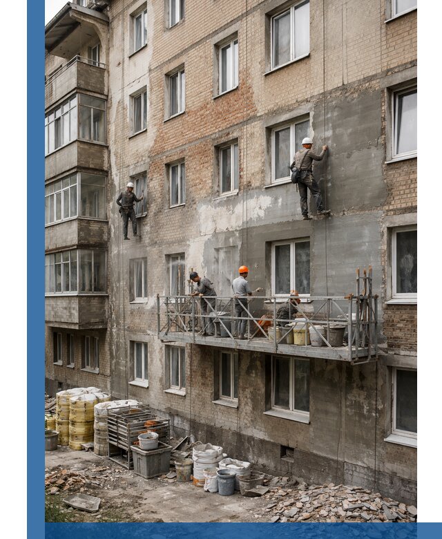 Капитальный ремонт фасада в Амурске с восстановлением и гидроизоляцией