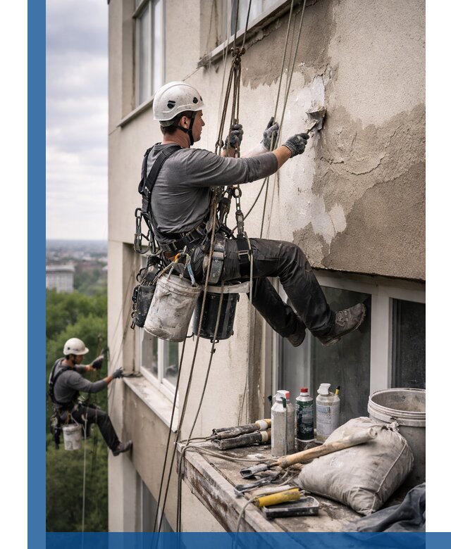 Косметический ремонт фасада зданий в Амурске промышленными альпинистами