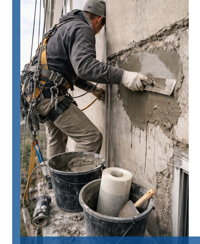 Ремонт бетонных элементов фасада промышленными альпинистами в Амурске