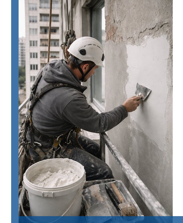 Шпаклевка фасадов на высоте с промальпинистами в Амурске