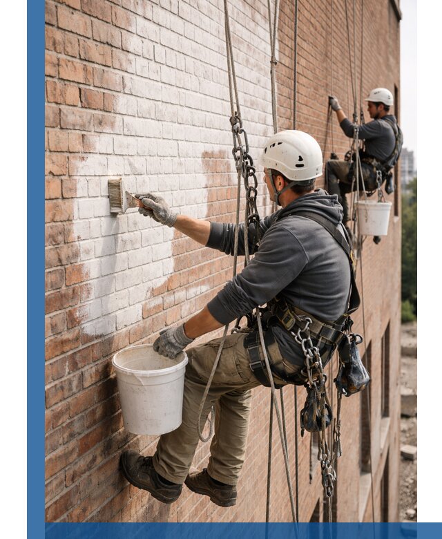 Покраска кирпичного фасада с доступным альпинистским сервисом в Амурске
