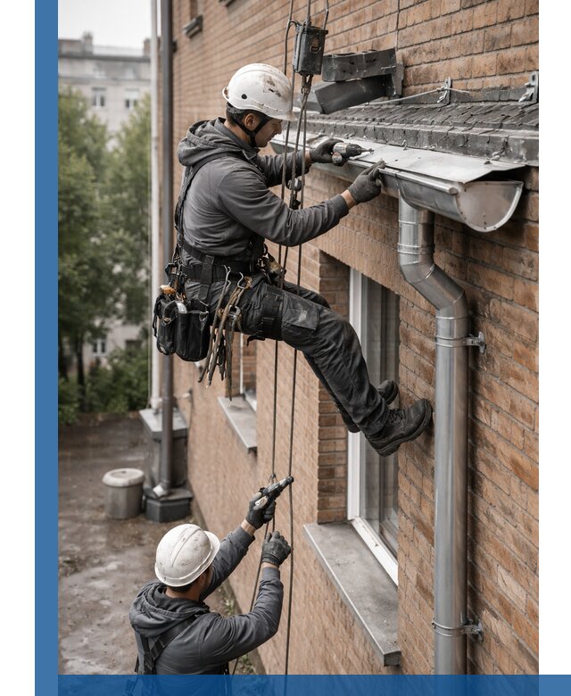 Монтаж водосточной системы на здании в Амурске под ключ