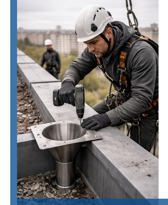 Монтаж водосточных воронок в Амурске для промышленных зданий