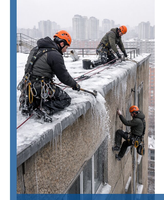 Удаление наледи с кровли в Амурске промышленными альпинистами