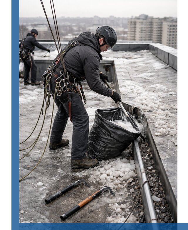 Аварийная очистка кровли в Амурске от промальпинистов