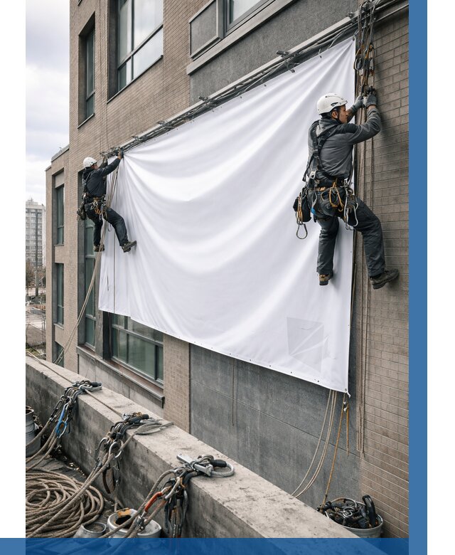 Монтаж баннеров на фасаде в Амурске от 672 р. заказать ВЫСОТНИК-Мрс