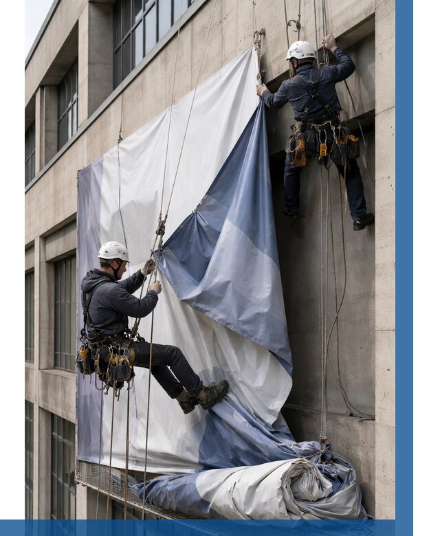 Демонтаж баннеров с фасада в Амурске от 4649 р. | ВЫСОТНИК-Мрс