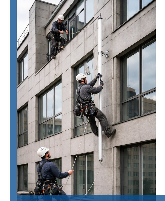 Монтаж флагштока на фасаде здания с креплением и герметикой в Амурске