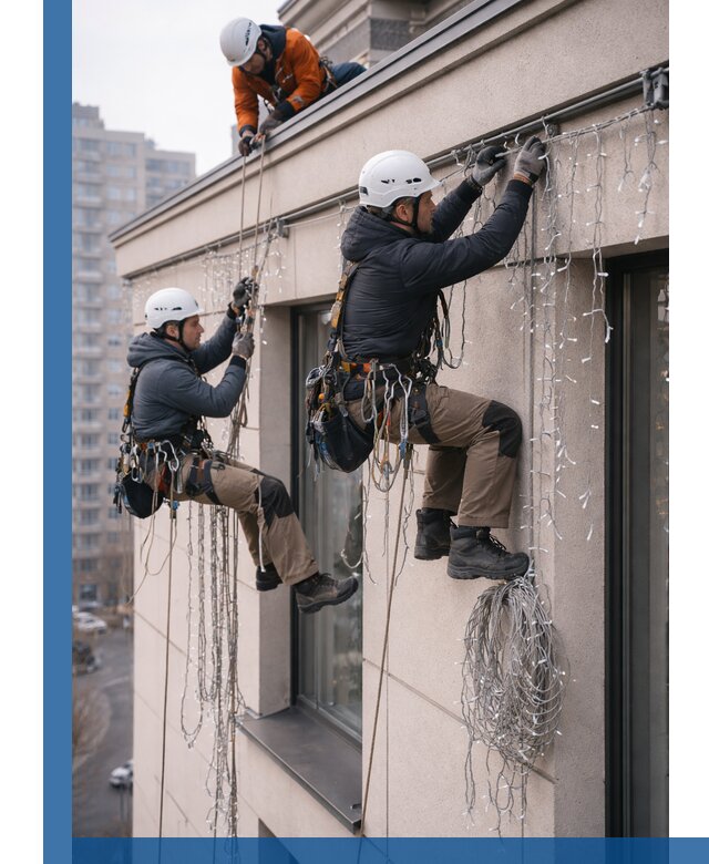 Монтаж праздничных гирлянд на фасаде в Амурске для зданий