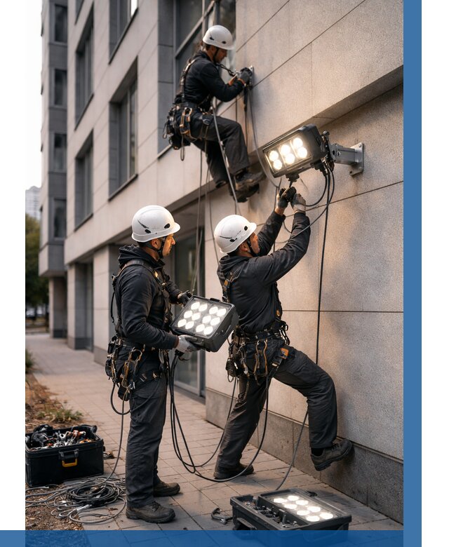 Монтаж прожекторов на фасаде в Амурске от 7749 р. | ВЫСОТНИК-Мрс