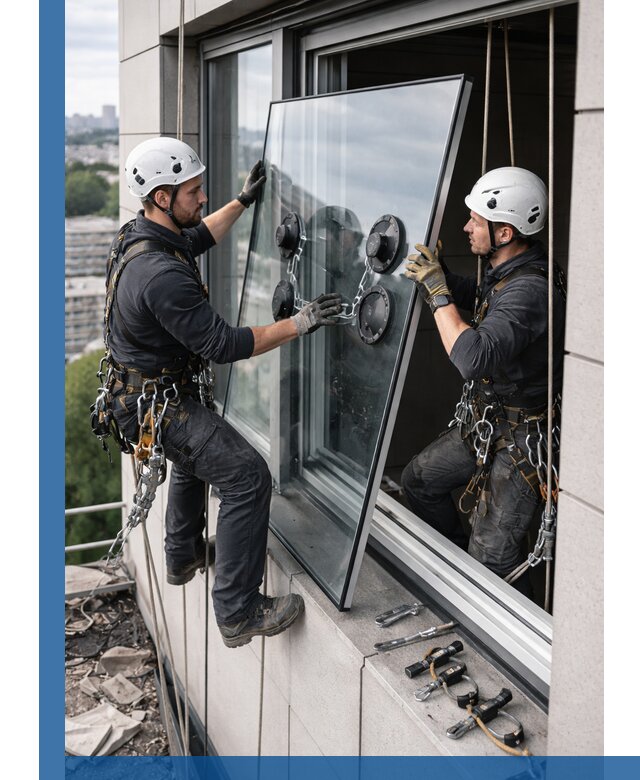 Замена стеклопакетов на высоте с промышленными альпинистами в Амурске