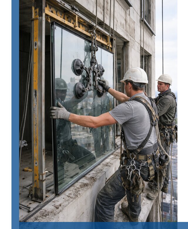 Монтаж стеклопакетов на высоте в Амурске с промышленным альпинизмом