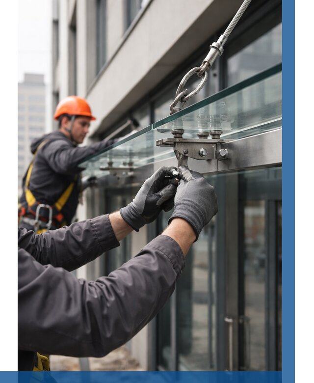 Монтаж стеклянных козырьков в Амурске от 8782 р. | ВЫСОТНИК-Мрс