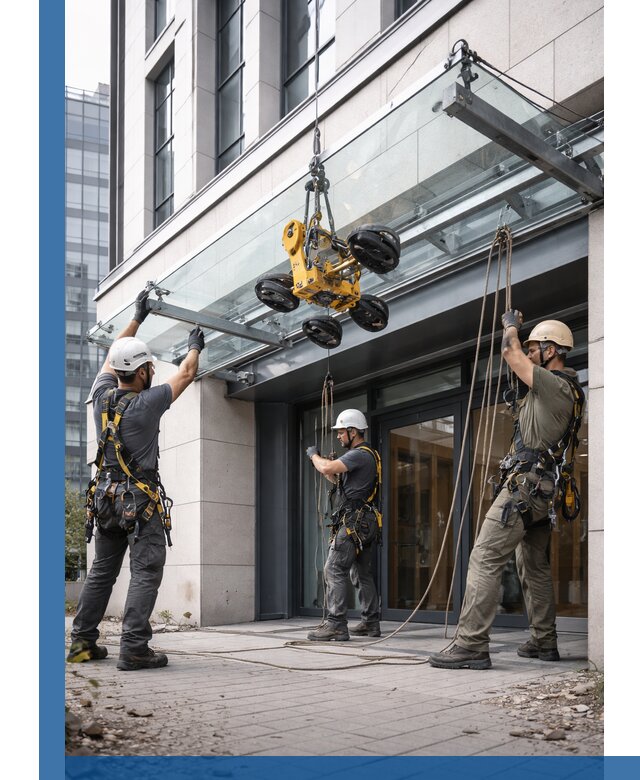 Монтаж стеклянных козырьков под ключ в Амурске для зданий