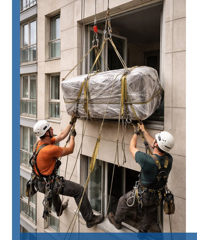 Подъем грузов через окно в Амурске промышленными альпинистами