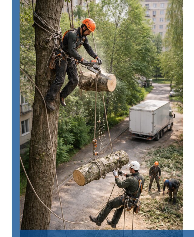 Спил деревьев альпинистами в Амурске, безопасно и без повреждений