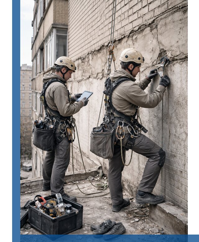 Обследование фасада промышленными альпинистами в Амурске